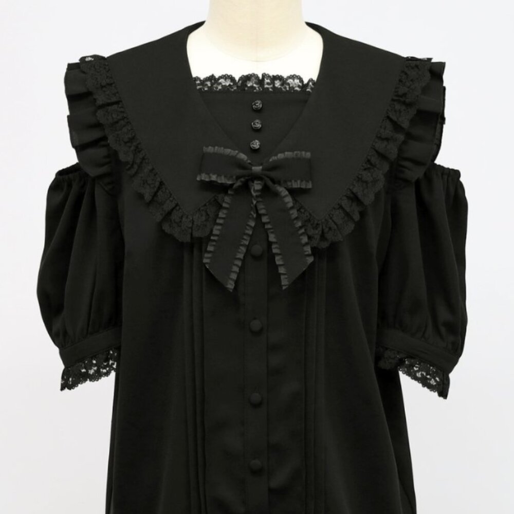 Amavel Rose Croix Black Ruffle Cold Shoulder Sailor Collar Blouse
